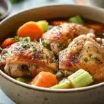 Close-up of slow cooker chicken in broth with herbs and vegetables