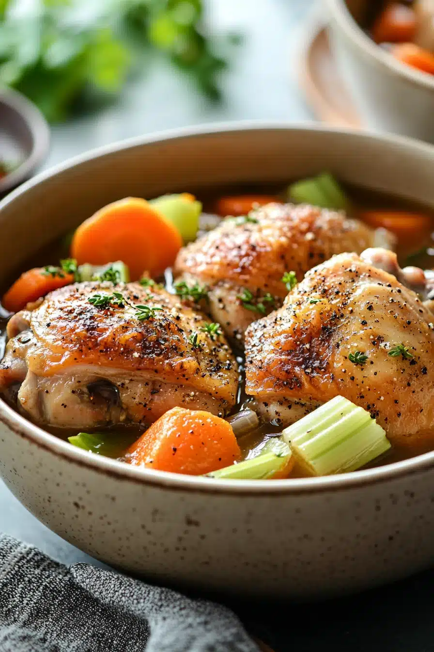 Close-up of slow cooker chicken in broth with herbs and vegetables