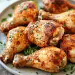 Close-up of slow cooker chicken legs bone in with creamy sauce and herbs