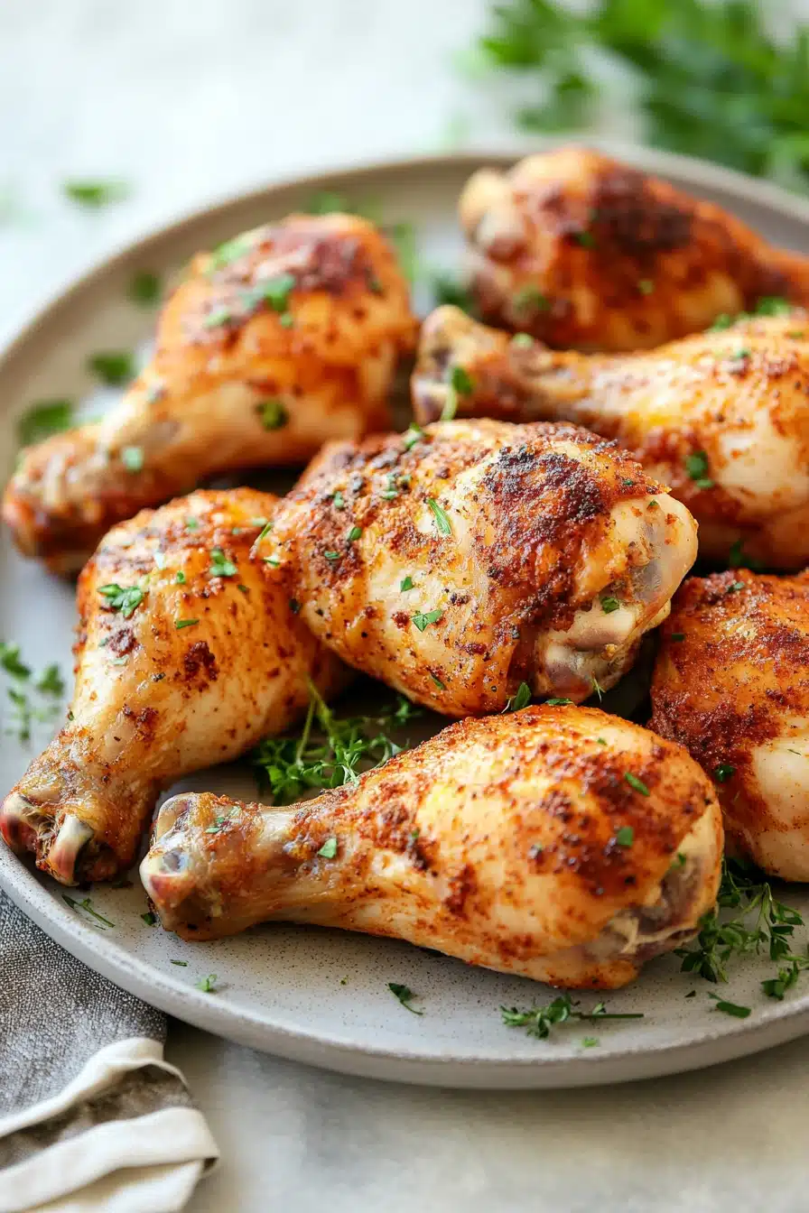 Close-up of slow cooker chicken legs bone in with creamy sauce and herbs