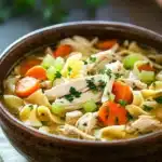 Close-up of slow cooker chicken noodle soup with visible chicken, noodles, and vegetables.