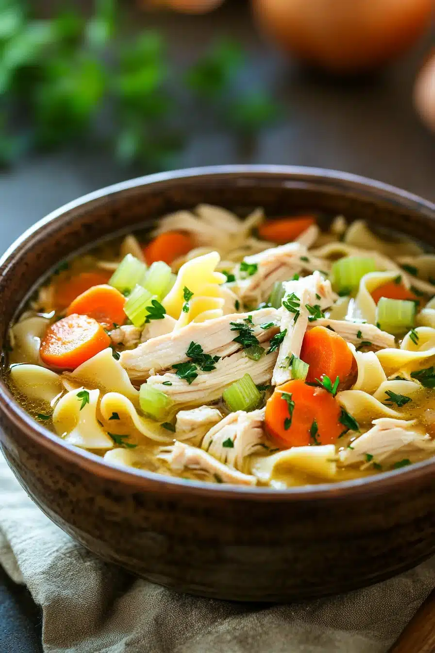 Close-up of slow cooker chicken noodle soup with visible chicken, noodles, and vegetables.