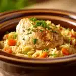 Close-up of slow cooker chicken orzo pasta with herbs and creamy sauce