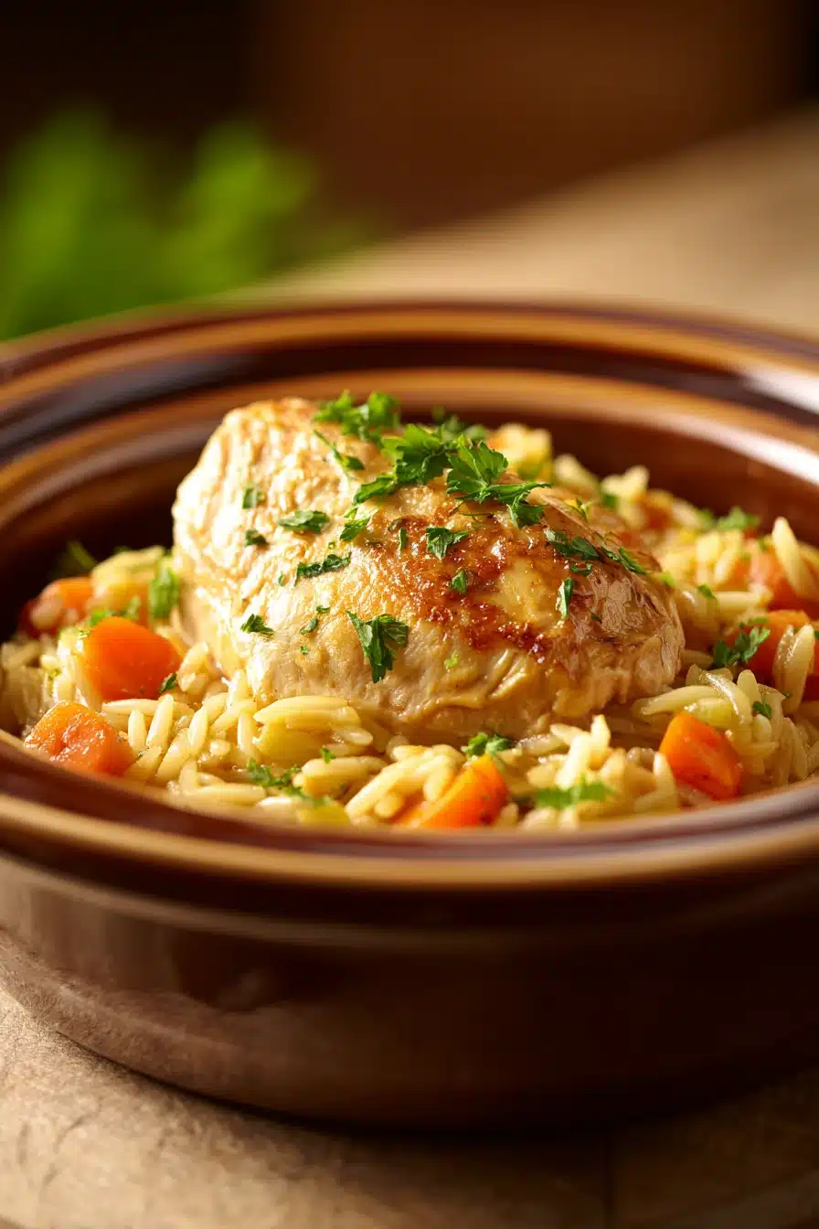 Close-up of slow cooker chicken orzo pasta with herbs and creamy sauce