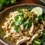 Close-up of slow cooker chicken verde with creamy sauce and herbs