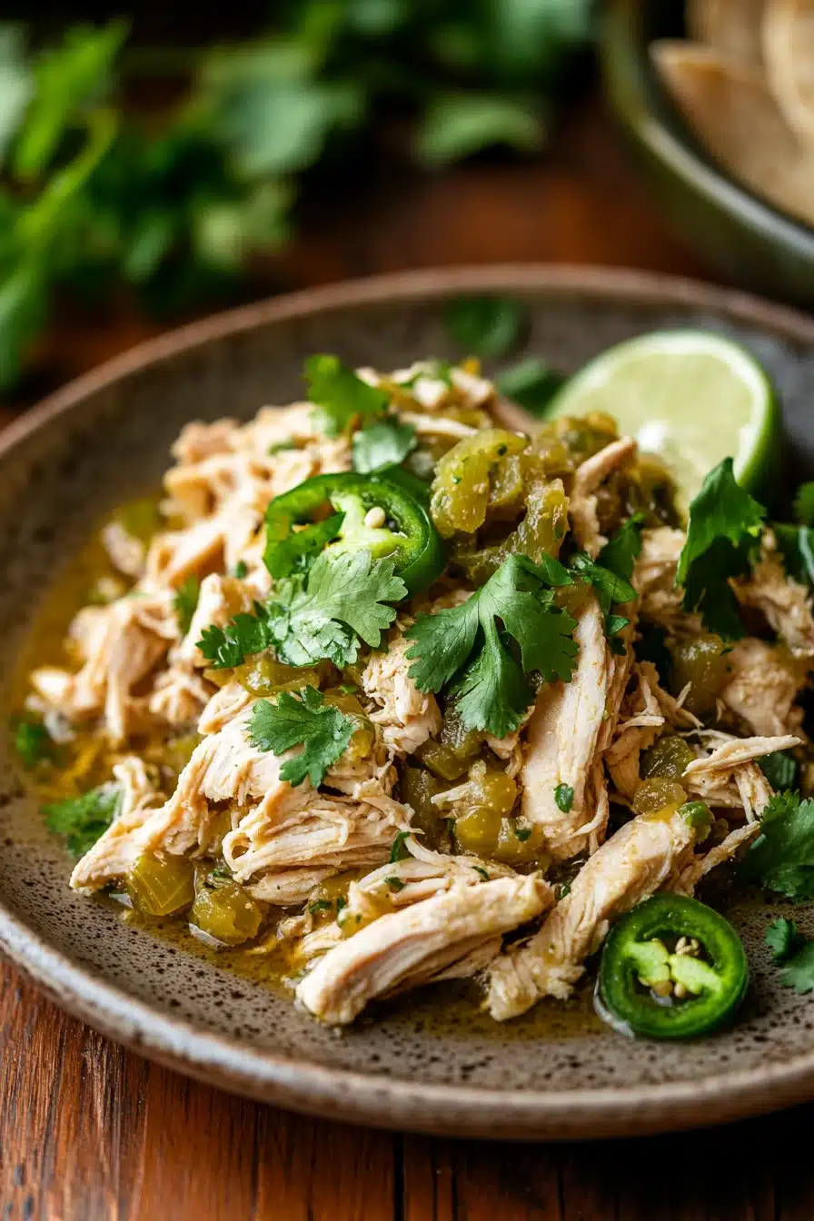 Close-up of slow cooker chicken verde with creamy sauce and herbs