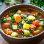 Close-up of a vibrant slow cooker detox soup with fresh vegetables and herbs