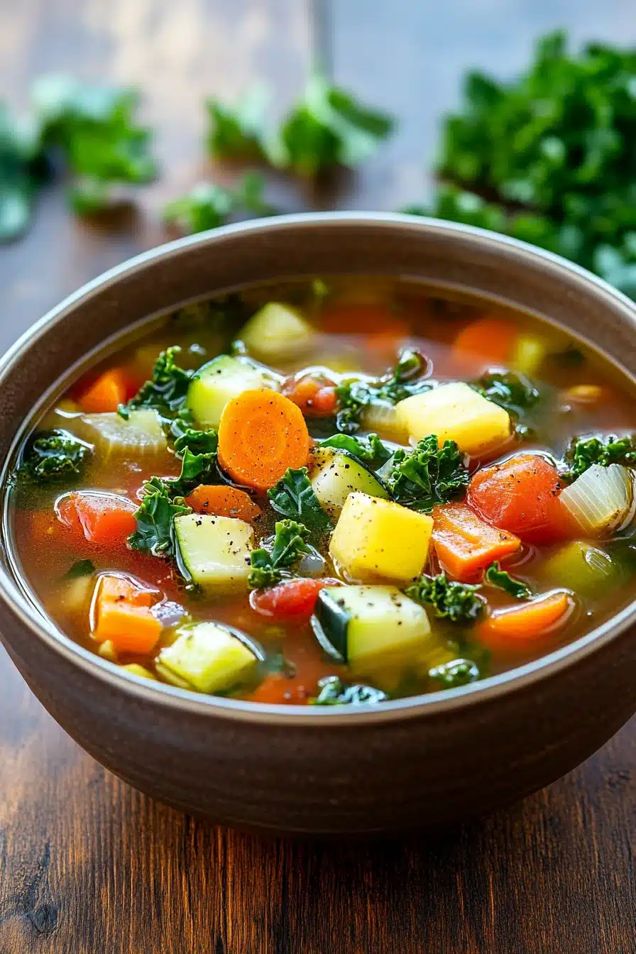 Close-up of a vibrant slow cooker detox soup with fresh vegetables and herbs