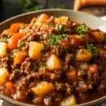Close-up of a hearty slow cooker hamburger ground beef dinner with rich textures.