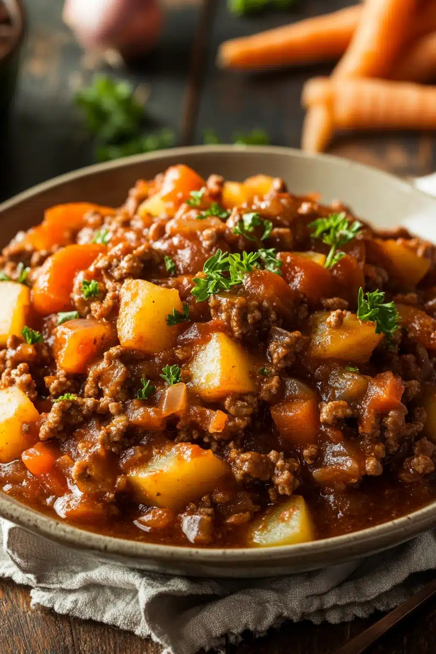 Close-up of a hearty slow cooker hamburger ground beef dinner with rich textures.