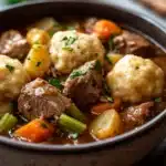 Close-up of a slow cooker lamb stew with dumplings in a rustic bowl.