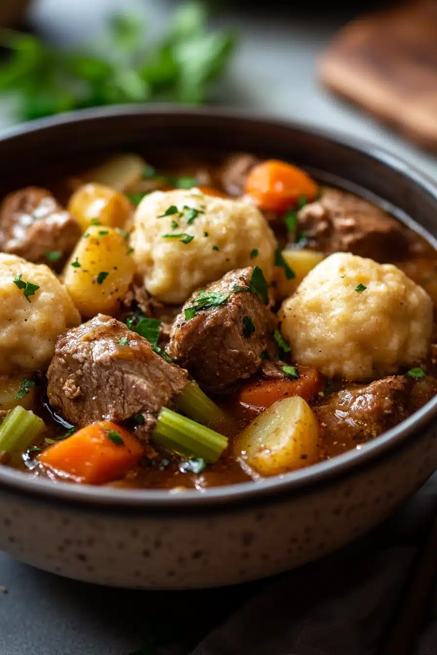 Close-up of a slow cooker lamb stew with dumplings in a rustic bowl.