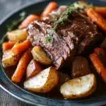 Close-up of a slow cooker pot roast dinner with vegetables and gravy.