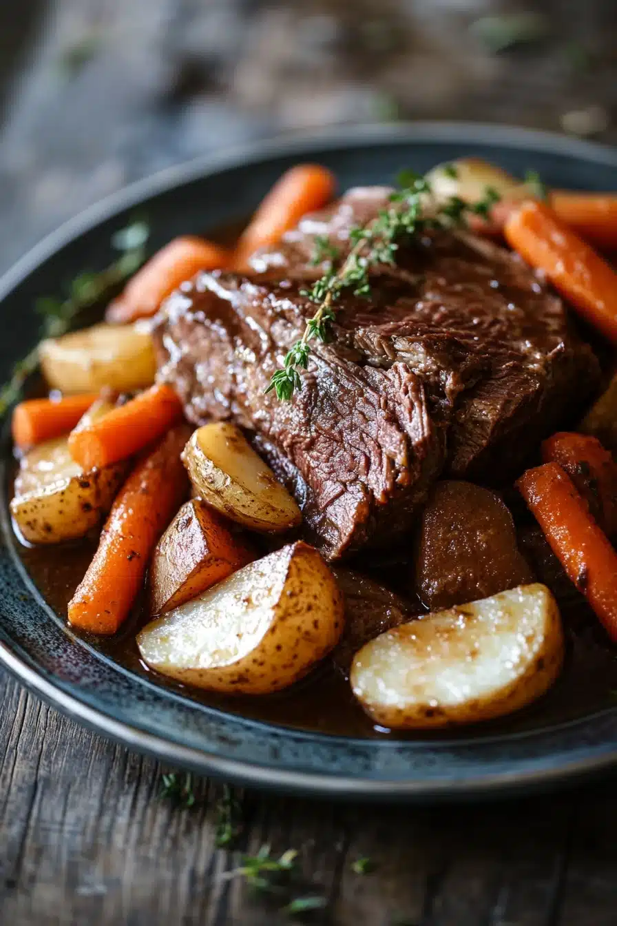 Close-up of a slow cooker pot roast dinner with vegetables and gravy.