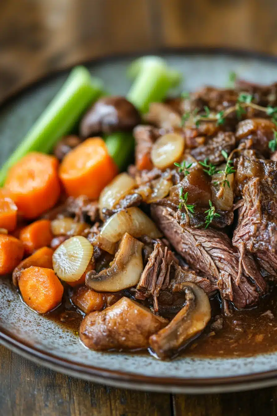 Close-up of slow cooker pot roast with mushrooms in a warm, inviting setting.