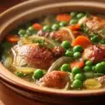 Close-up of a slow cooker soup with chicken thighs, carrots, and herbs in a white bowl.
