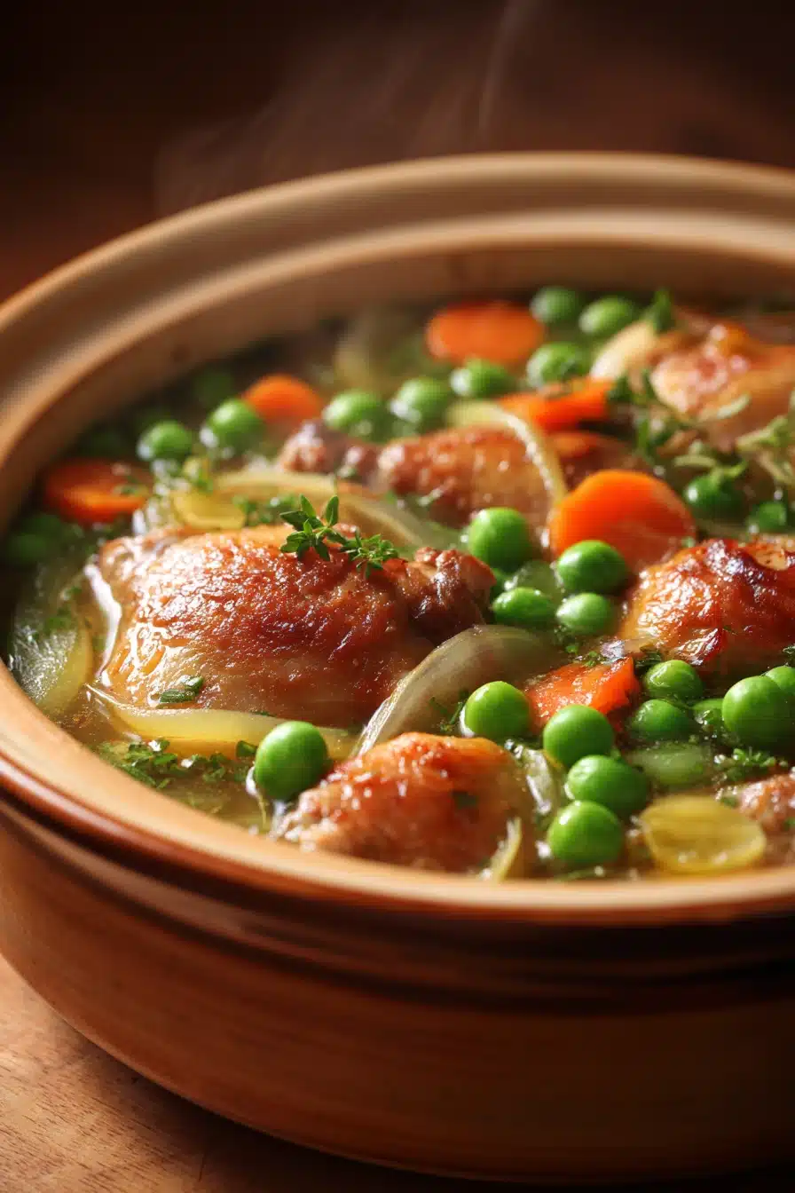 Close-up of a slow cooker soup with chicken thighs, carrots, and herbs in a white bowl.