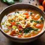 Close-up of a hearty slow cooker soup with pasta and vegetables in a bowl