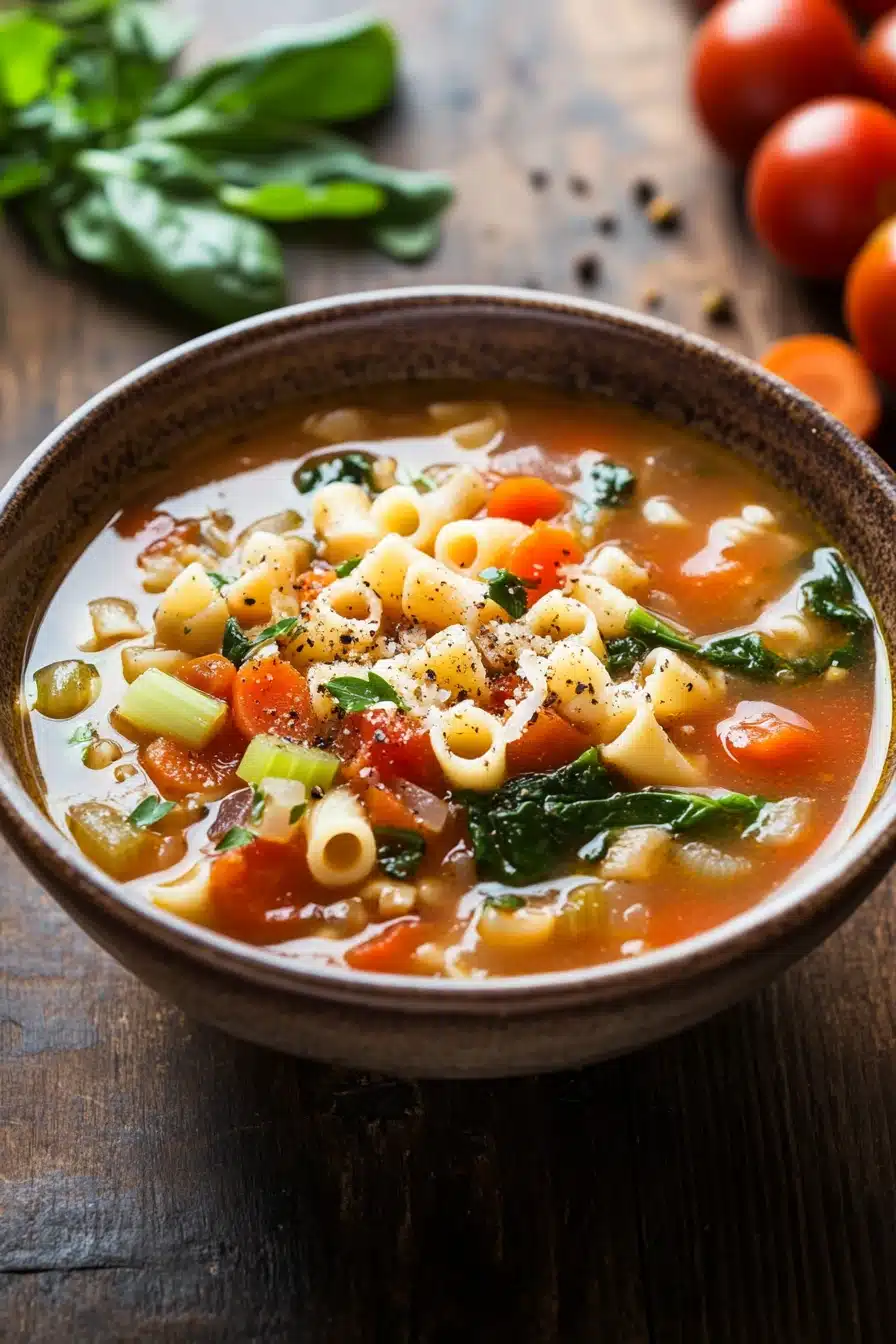 Close-up of a hearty slow cooker soup with pasta and vegetables in a bowl