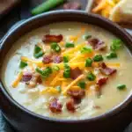 Close-up of a hearty slow cooker soup with visible potatoes and herbs in a bright setting.
