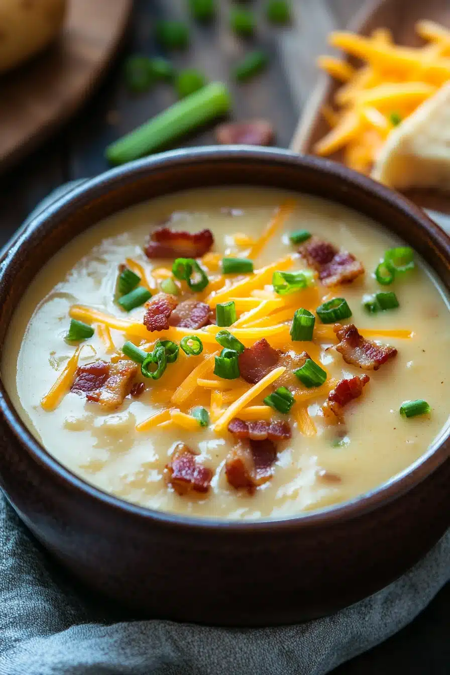 Close-up of a hearty slow cooker soup with visible potatoes and herbs in a bright setting.