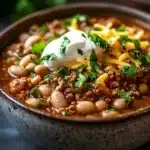 Close-up of slow cooker turkey white bean chili with visible beans and turkey in a warm, inviting setting.