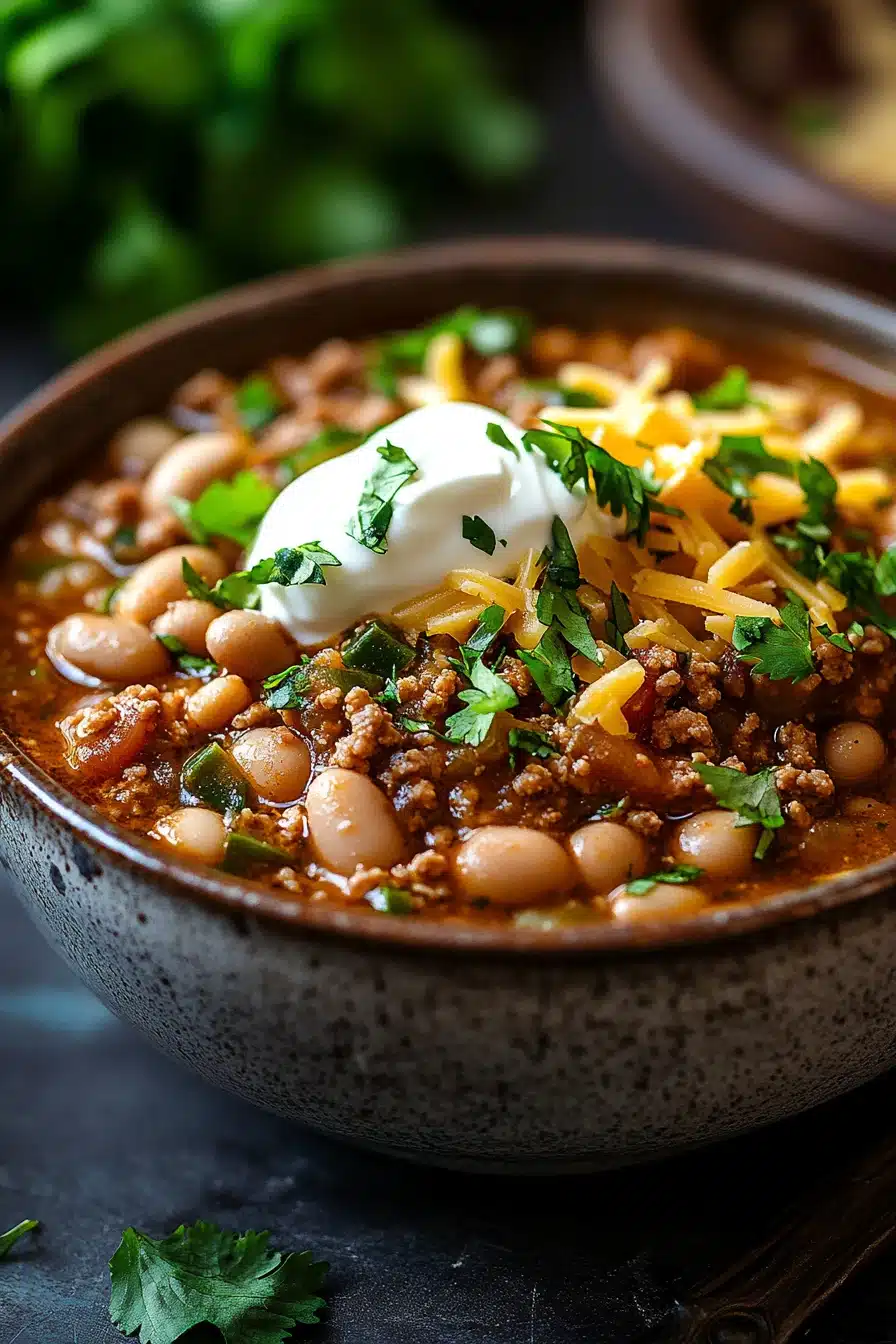 Close-up of slow cooker turkey white bean chili with visible beans and turkey in a warm, inviting setting.