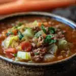 Close-up of slow cooker unstuffed cabbage soup with visible vegetables and broth