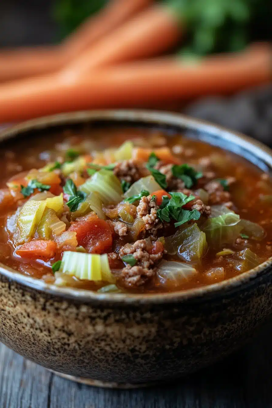 Close-up of slow cooker unstuffed cabbage soup with visible vegetables and broth
