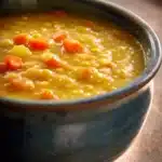Close-up of slow cooker yellow split pea soup with visible peas and creamy texture.