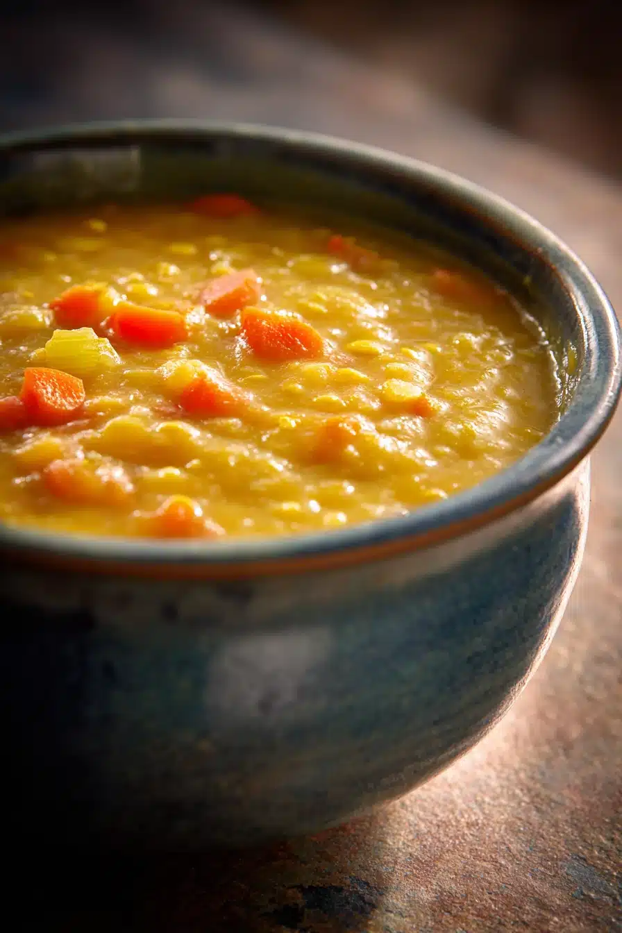 Close-up of slow cooker yellow split pea soup with visible peas and creamy texture.