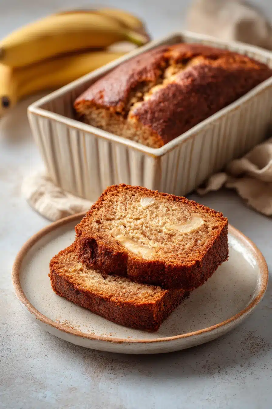 Close-up of Snickerdoodle Banana Bread with a golden crust and cinnamon sugar topping.