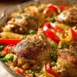 Close-up of a spiced chicken rice skillet with vibrant colors and a clean background.