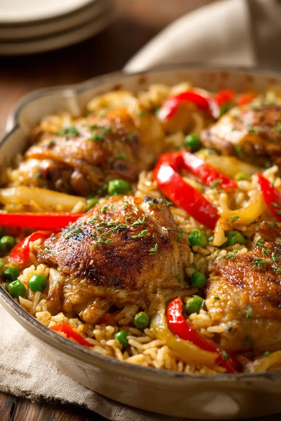 Close-up of a spiced chicken rice skillet with vibrant colors and a clean background.