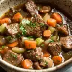 Close-up of a hearty steak and ale stew in a slow cooker with rich textures and warm lighting.