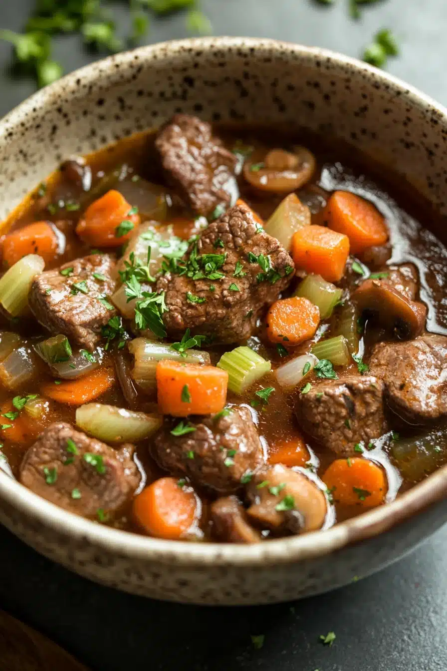 Close-up of a hearty steak and ale stew in a slow cooker with rich textures and warm lighting.