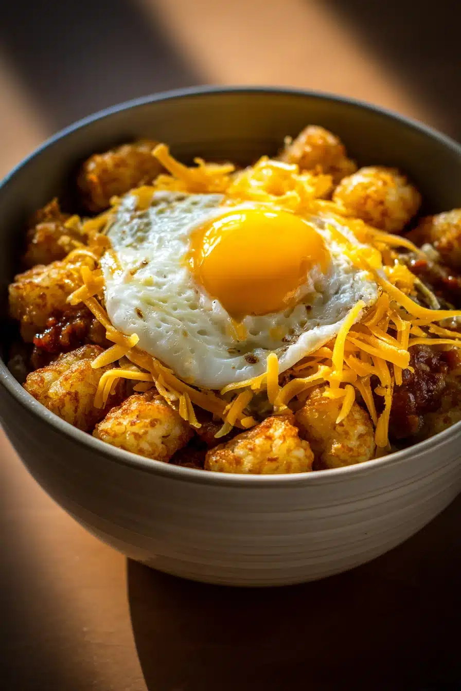 Close-up of a tater tot breakfast bowl with eggs and toppings, bright and appetizing.