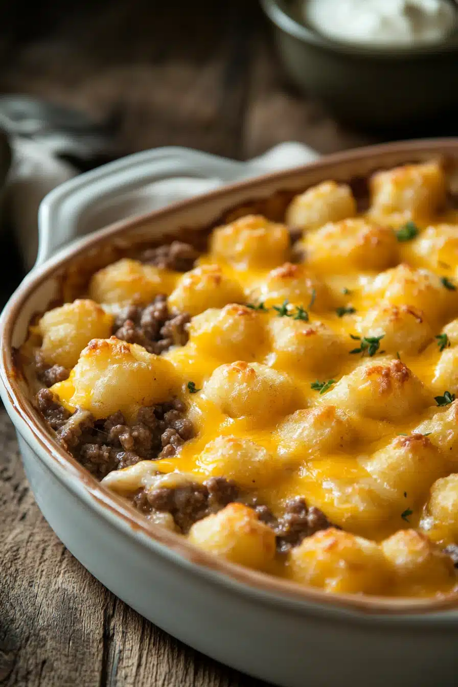 Close-up of tater tot casserole with ground beef, topped with melted cheese, perfect as a freezer meal.