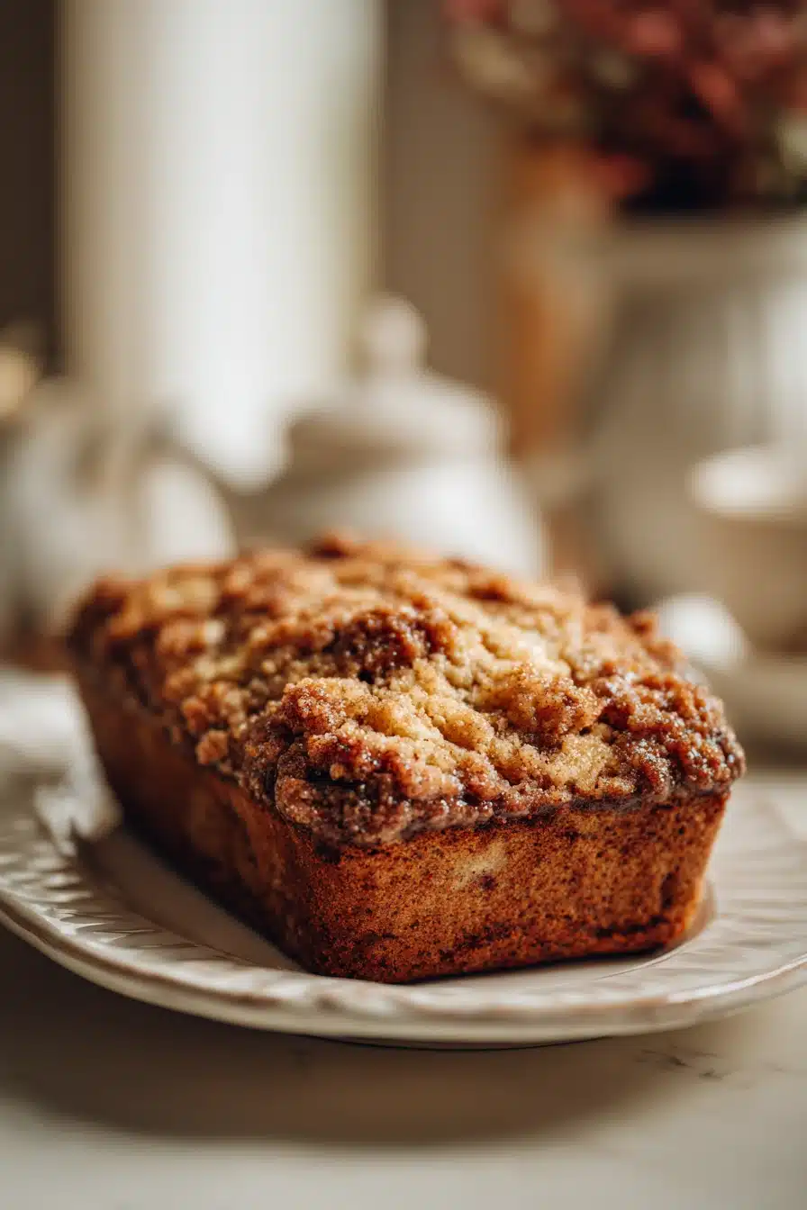 Close-up of banana bread with brown sugar streusel topping on a wooden board.