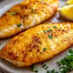 Close-up of tilapia loin cooked in an air fryer with a golden crispy texture.