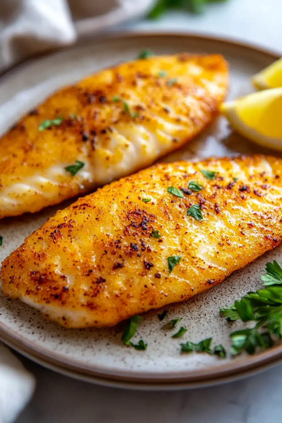 Close-up of tilapia loin cooked in an air fryer with a golden crispy texture.