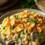 Close-up of a creamy tuna casserole with golden crust and herbs, no milk used