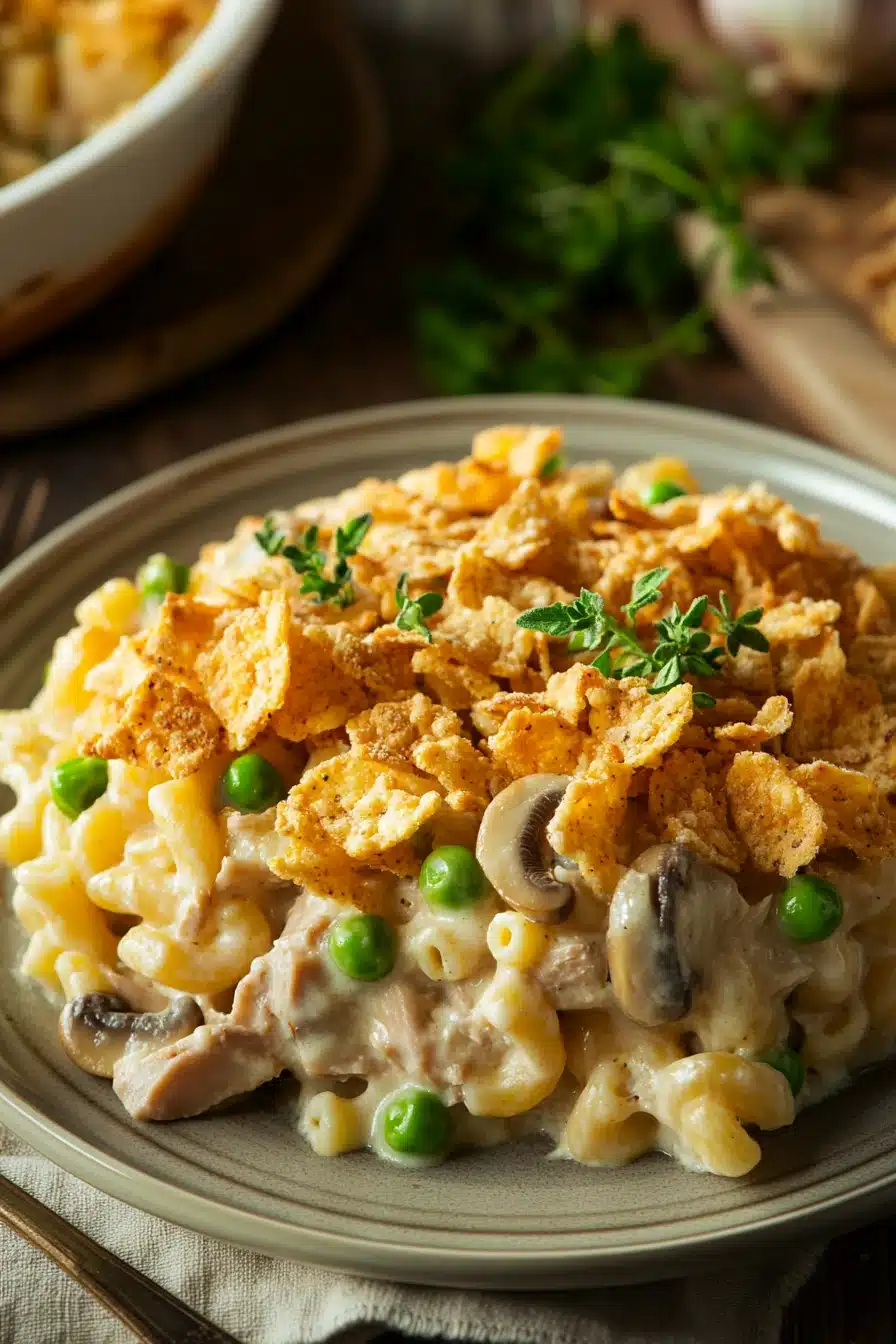Close-up of a creamy tuna casserole with golden crust and herbs, no milk used