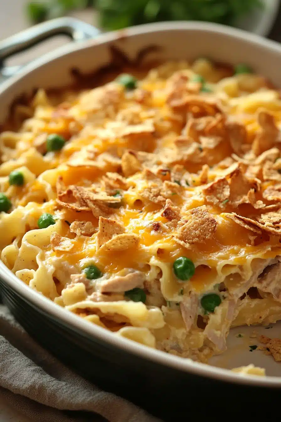 Close-up of a creamy tuna noodle casserole in a pan with noodles and sauce