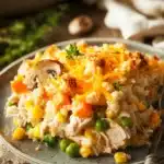 Close-up of a turkey dinner casserole with golden crust and herbs