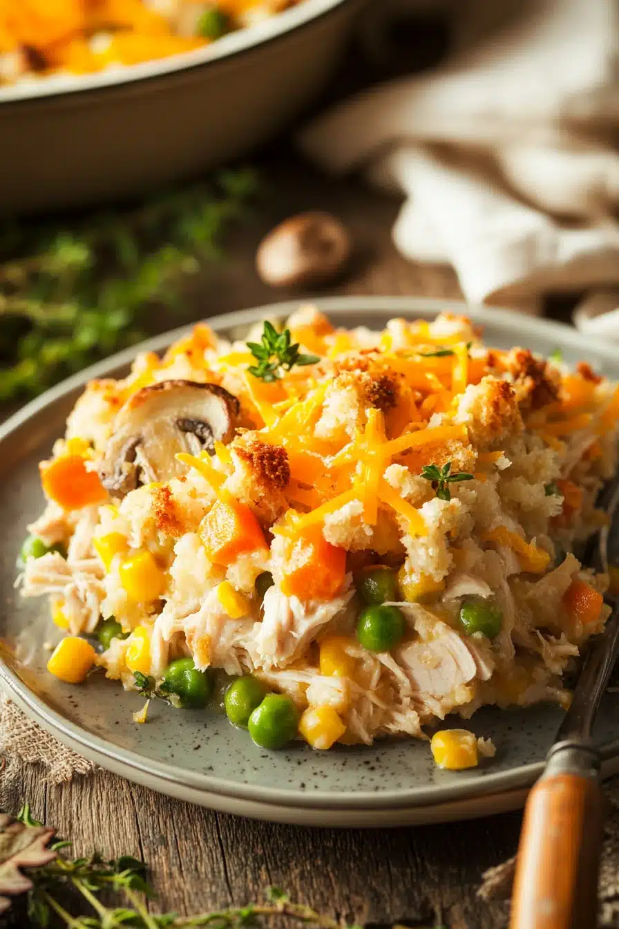 Close-up of a turkey dinner casserole with golden crust and herbs