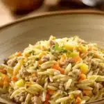 Close-up of a turkey orzo dinner with bright natural lighting and clean background