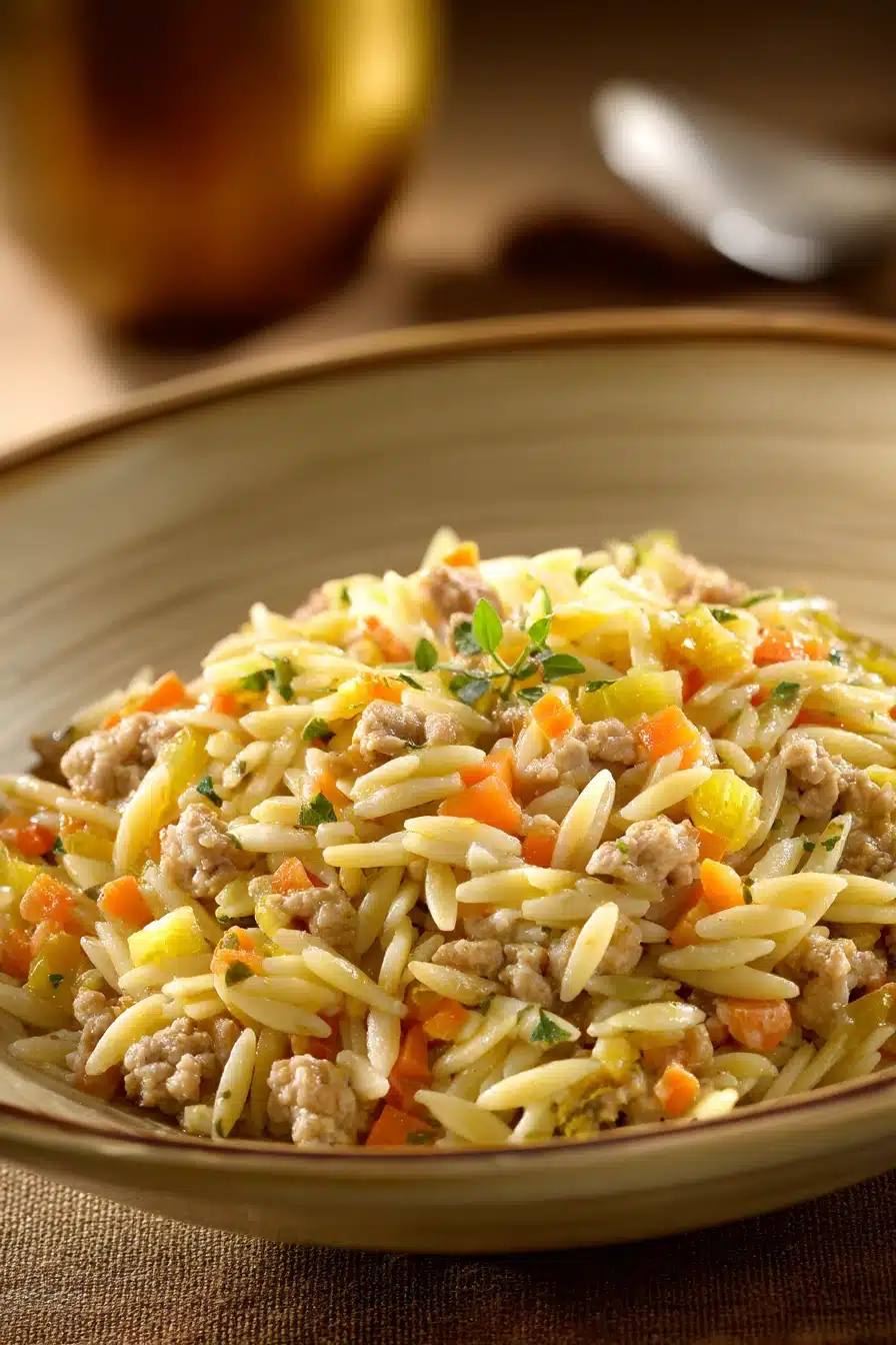 Close-up of a turkey orzo dinner with bright natural lighting and clean background
