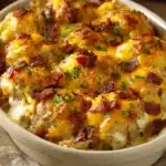 Close-up of a twice baked chicken potato casserole with creamy sauce and cheese topping.