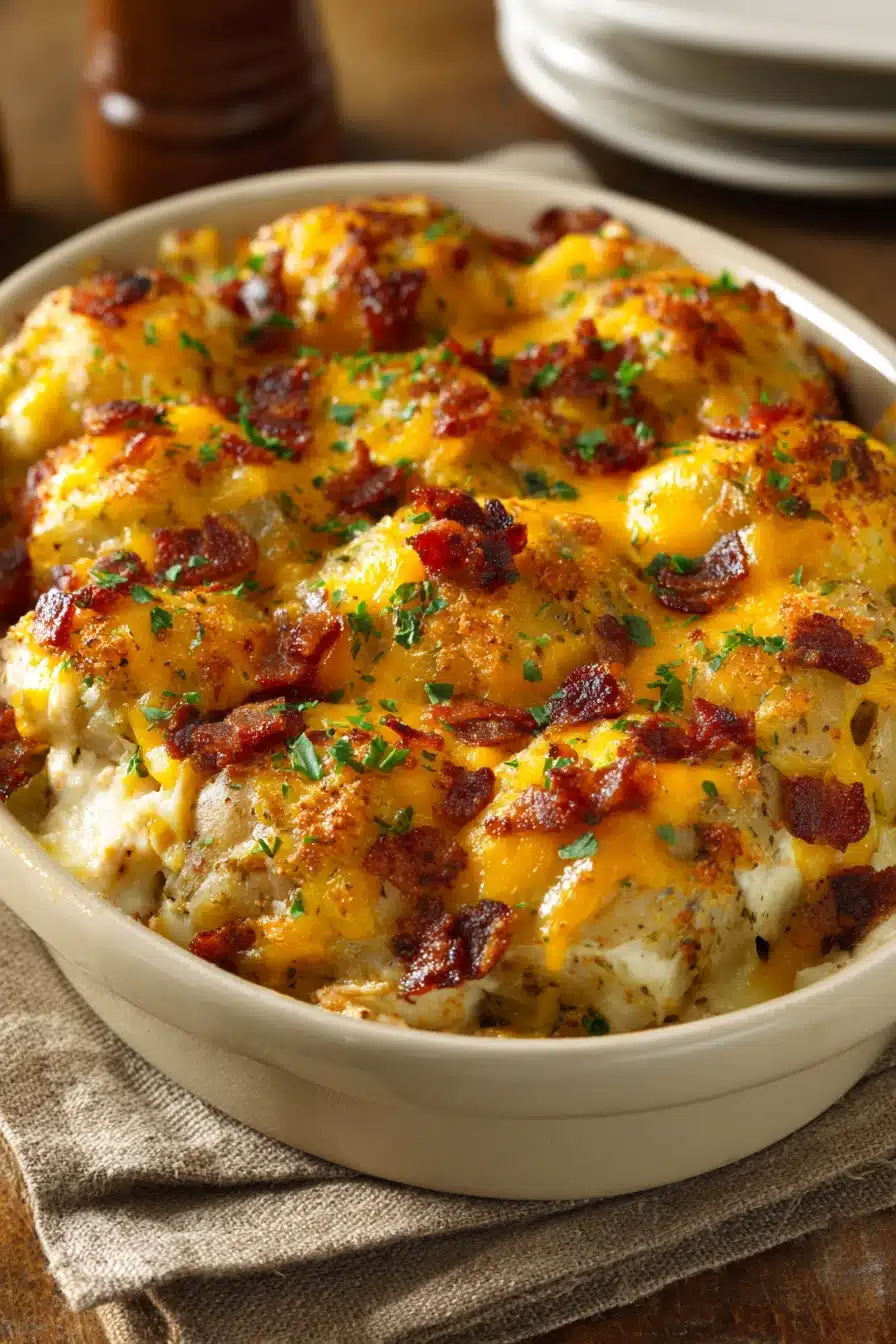 Close-up of a twice baked chicken potato casserole with creamy sauce and cheese topping.